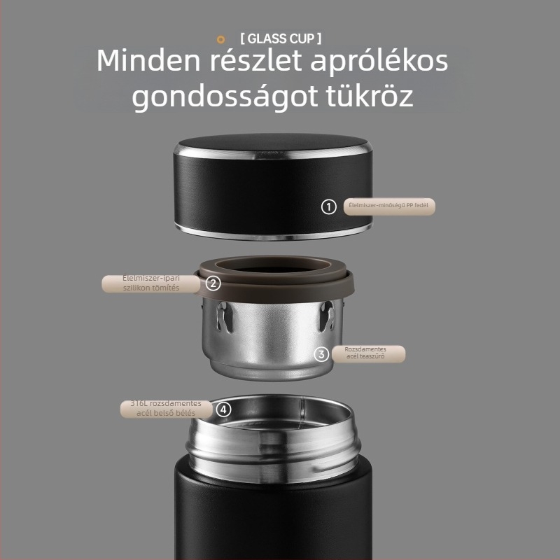 Mini termosz pohár 304 rozsdamentes acélból, belső 316-os, teázó rekesz, hordozható utazáshoz, női dizájn