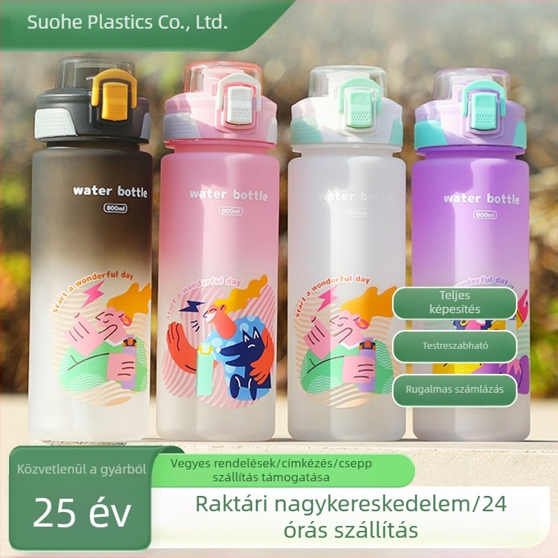 Nagy kapacitású műanyag sportos vízpalack, vállpánttal, gradient karikatúra dizájnnal, közvetlen iváshoz, kültéri használatra