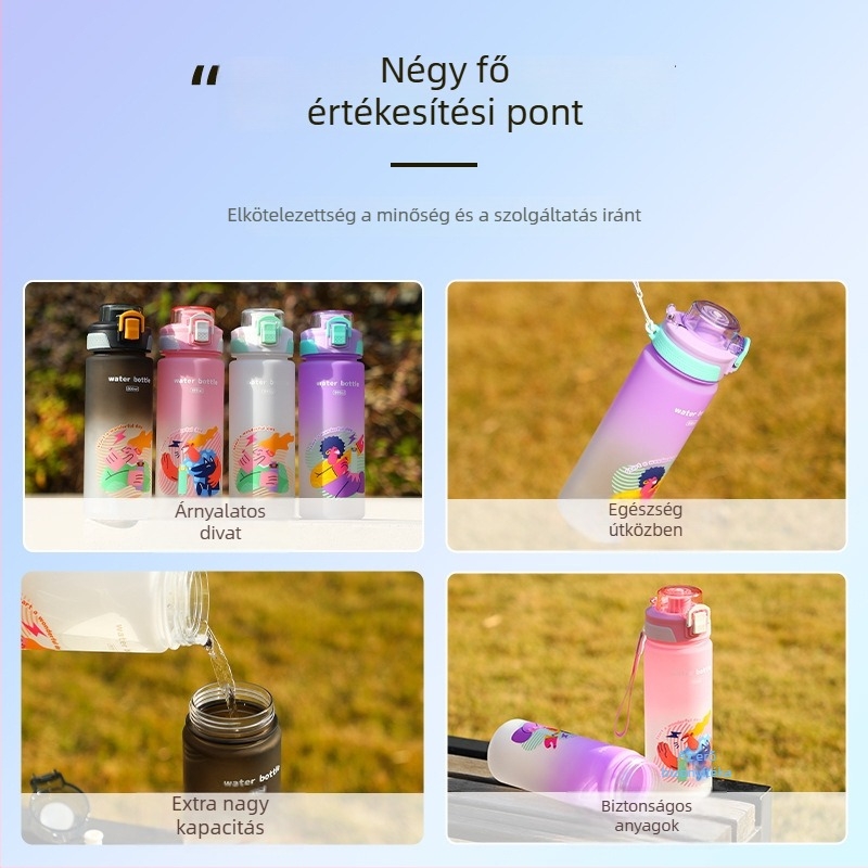 Nagy kapacitású műanyag sportos vízpalack, vállpánttal, gradient karikatúra dizájnnal, közvetlen iváshoz, kültéri használatra