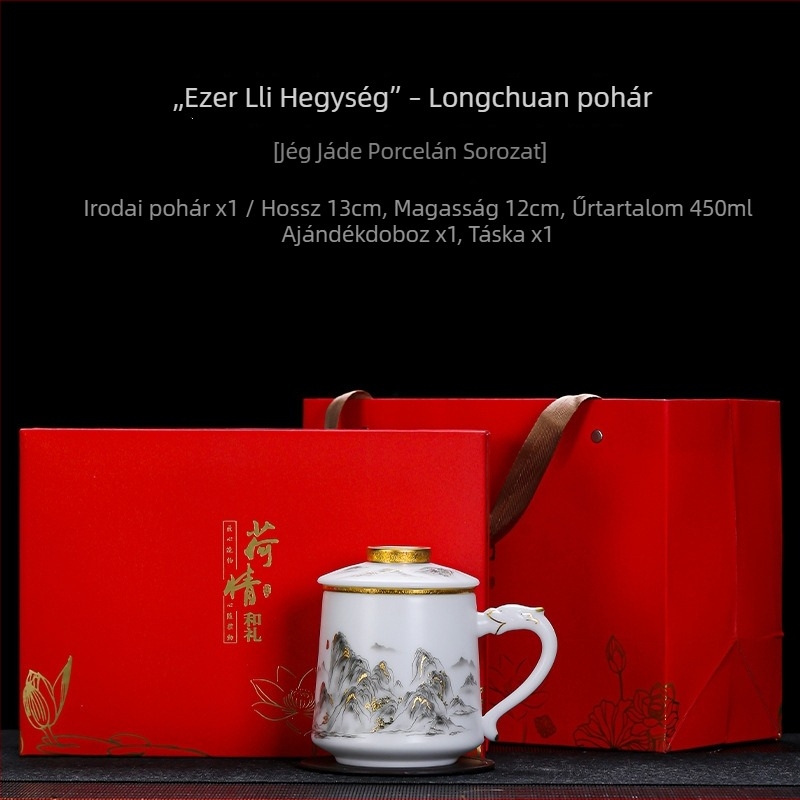 Fehér porcelán irodai bögre teát és vizet elválasztó rendszerrel, kerámia teás bögre fedővel, nagy kapacitású
