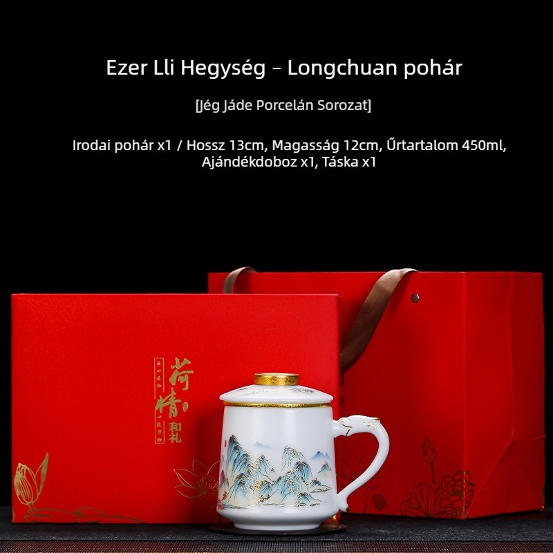 Fehér porcelán irodai bögre teát és vizet elválasztó rendszerrel, kerámia teás bögre fedővel, nagy kapacitású