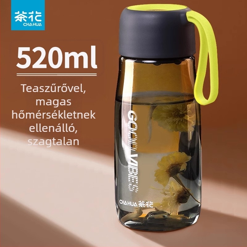 Camellia 520 ml teás bögre műanyag fogantyúval, átlátszó testtel, minimalist utazó pohár