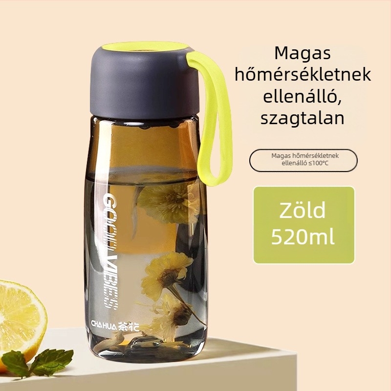 Camellia 520 ml teás bögre műanyag fogantyúval, átlátszó testtel, minimalist utazó pohár