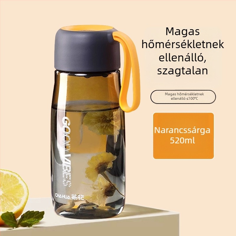 Camellia 520 ml teás bögre műanyag fogantyúval, átlátszó testtel, minimalist utazó pohár