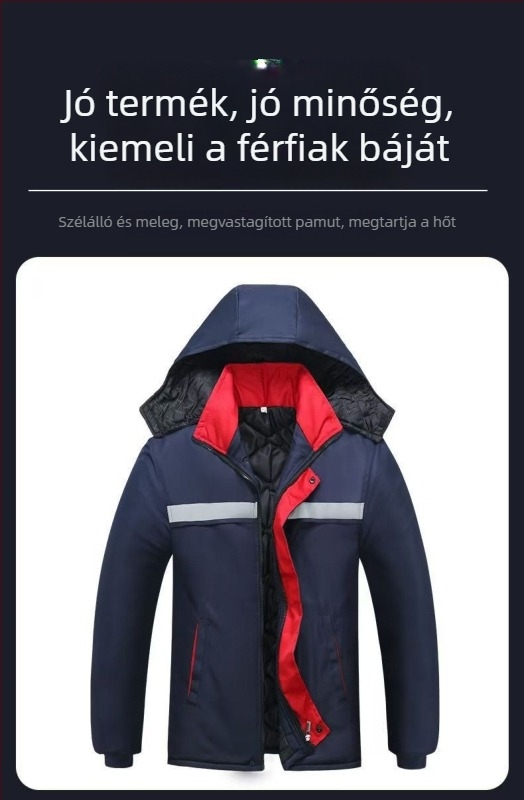 Férfi téli pamut dzseki fleece-béléssel, vastag meleg munkaruha villanyszerelők számára, szennyeződésálló