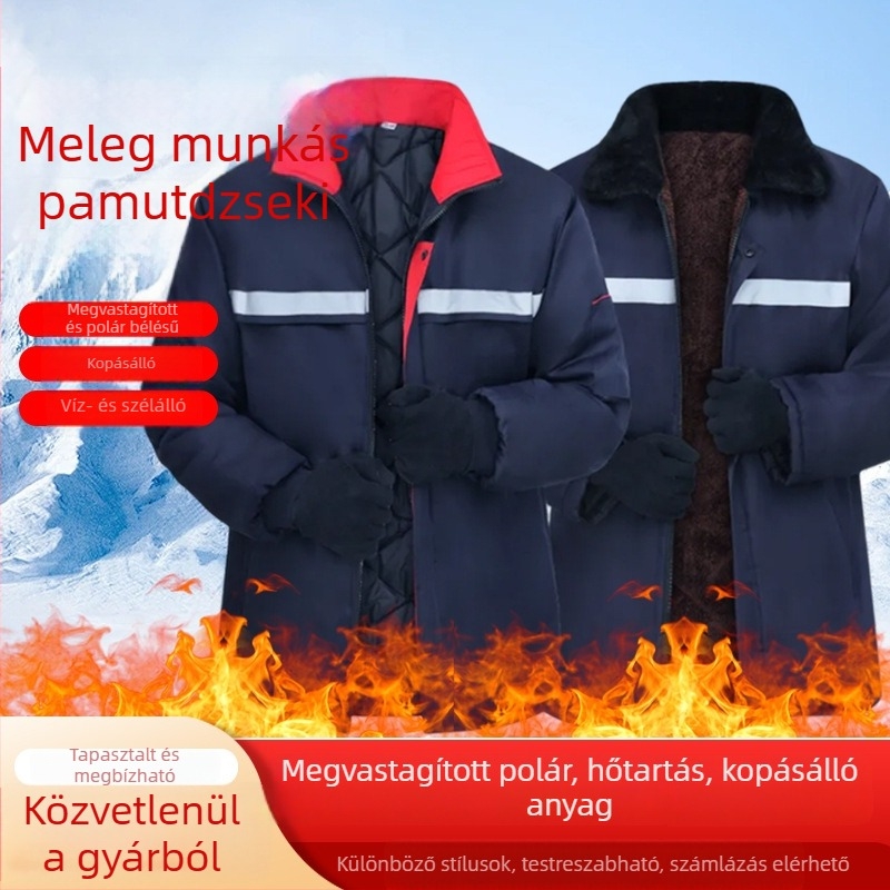Férfi téli pamut dzseki fleece-béléssel, vastag meleg munkaruha villanyszerelők számára, szennyeződésálló