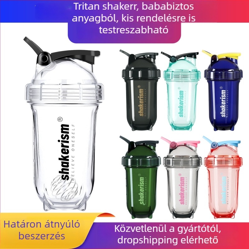 Szabadalmaztatott Tritan anyagú shaker, 500 ml, proteinporkészítéshez, átlátszó sportos pohár