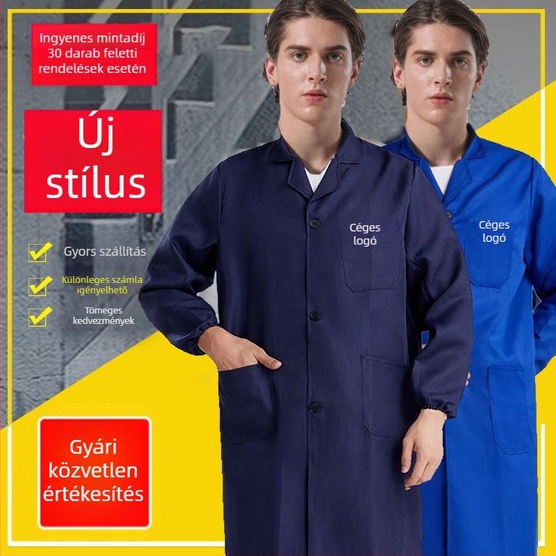 Uniszex hosszú kék munka köpeny, hosszú ujjú, kamuflázs mintázat, porvédő ruházat