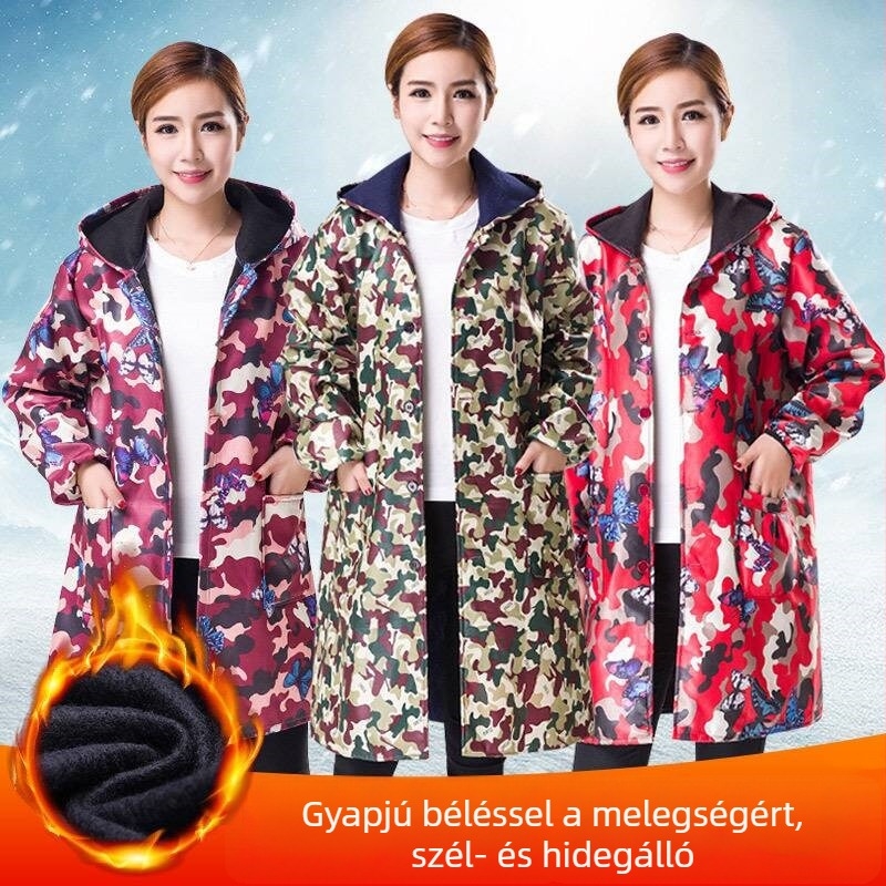 Férfi kapucnis munkaruha fleece-béléssel, camuflázs mintával, téli kék