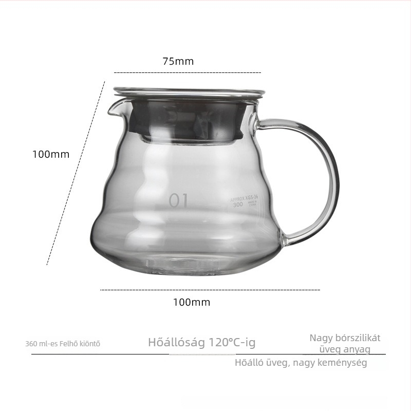 Növelt vastagságú kézi leöntő kávéfőző üveg, hőálló, 360ml/600ml