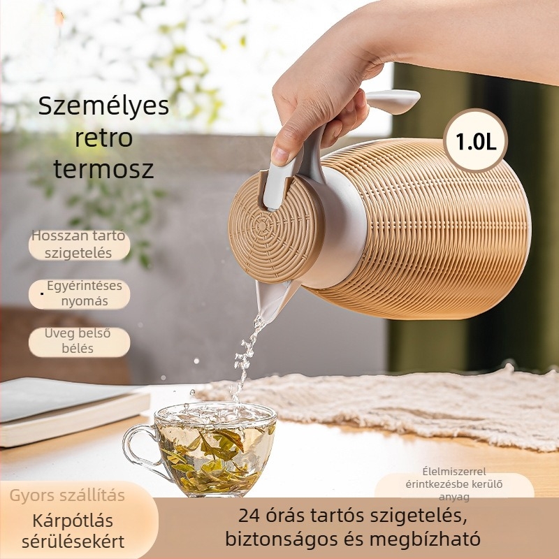 Bambuszfonott retro szigetelt kanna üvegbeléses, dupla falú belsővel; forró vizet otthonra és irodába; kávé- és teáskanna.