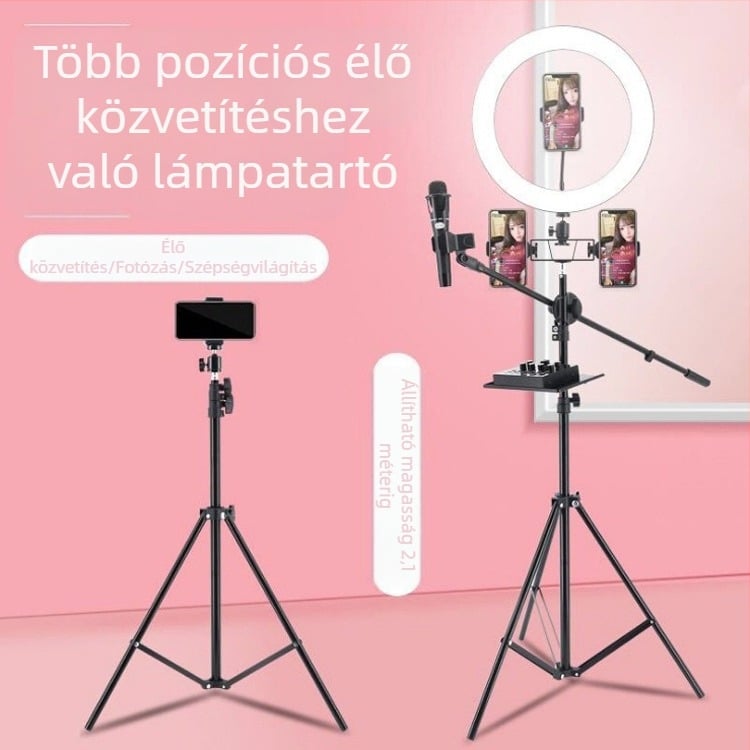 Mobiltelefon élő közvetítéshez állvány, fényképezőtripod és LED világítás