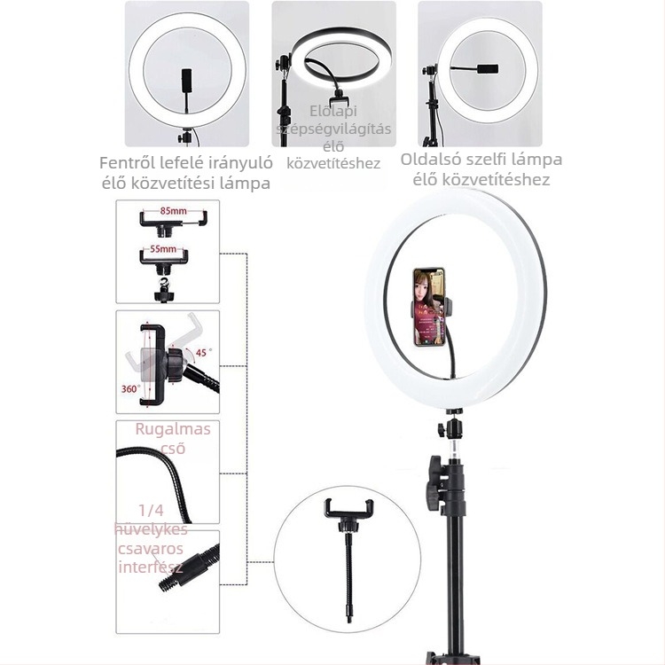 Mobiltelefon élő közvetítéshez állvány, fényképezőtripod és LED világítás