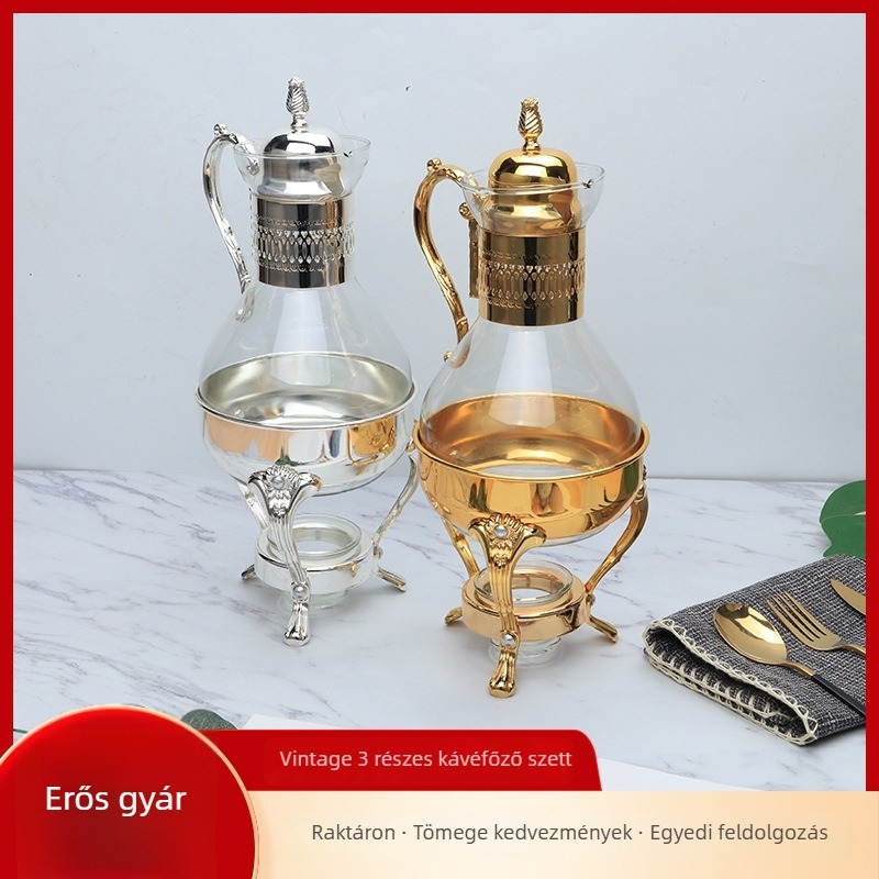 Fémes vintage kávéfőző, 3 részes készlet, tükrös bevonattal, melegíthető üveges kanna