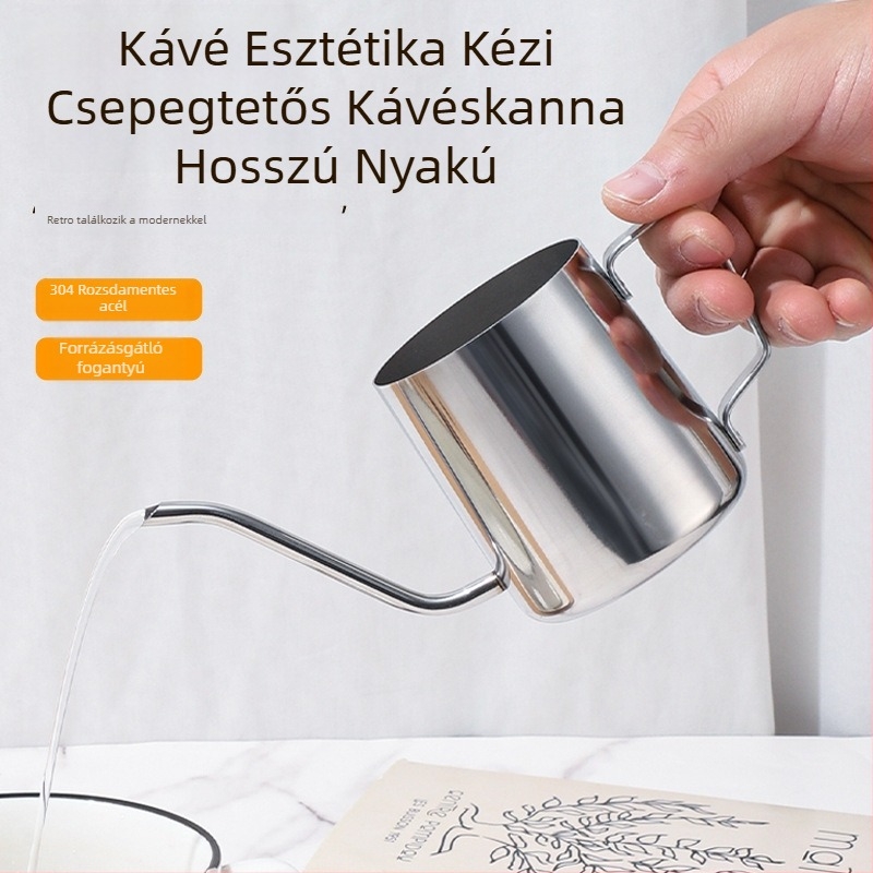 Rozsdamentes acél gooseneck kávéfőző kanna hosszú ívű kifolyóval és kávéfilterrel, otthoni használatra