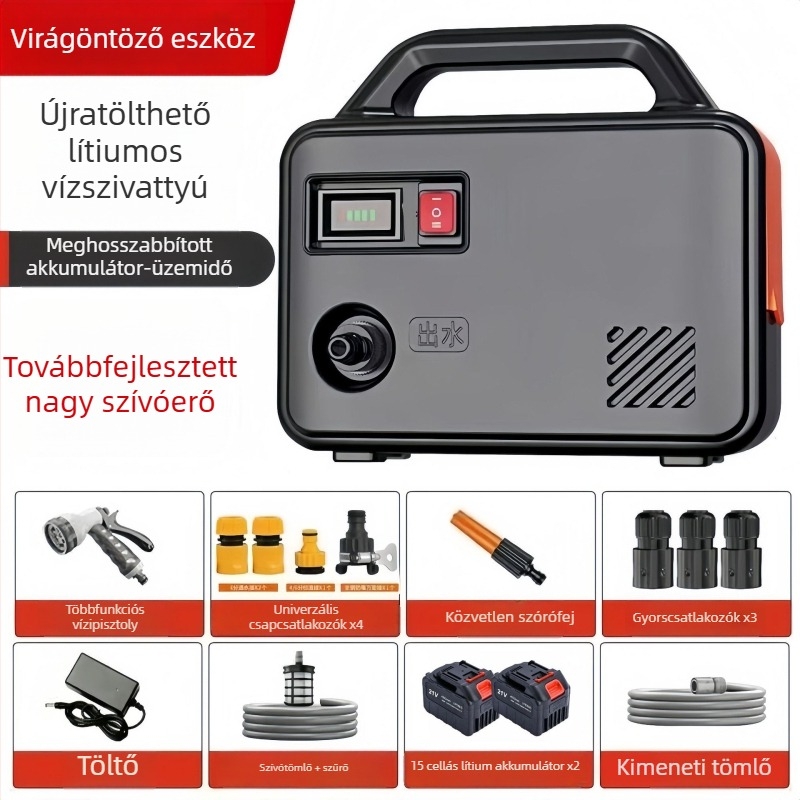 Li-ion akkumulátoros öntözőpumpa kerthez, mezőgazdasághoz és otthoni használatra; újratölthető vízpumpa; magas nyomású autómosó
