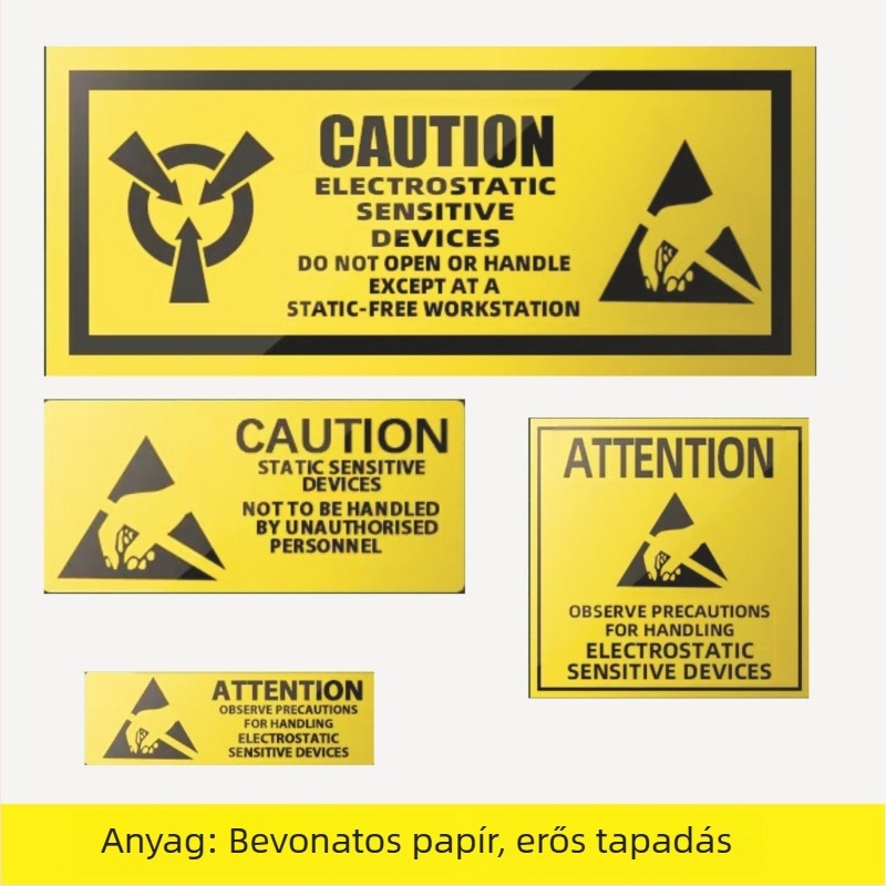 CAUTINO ESD figyelmeztető címke – sárga ragasztós címke merevlemez zárásához (48x48 mm, 50x15 mm, 55x25 mm)