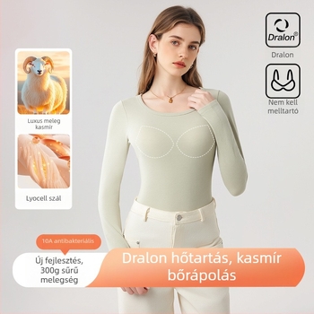 Női kasmírból készült alapréteg beépített melltartóbetéttel, kettős réteg, kerek nyakú, hosszú ujjú, antibakteriális, meleg, melltartó nélkül, őszi-téli, 10A