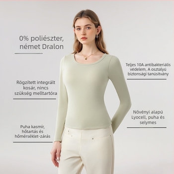 Női kasmírból készült alapréteg beépített melltartóbetéttel, kettős réteg, kerek nyakú, hosszú ujjú, antibakteriális, meleg, melltartó nélkül, őszi-téli, 10A