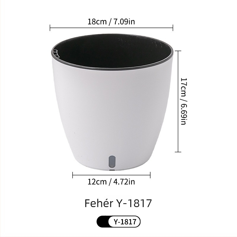 Belső térre tervezett minimalistikus önöntöző virágtartó vastag műanyag víztárolóval, asztali dekoráció