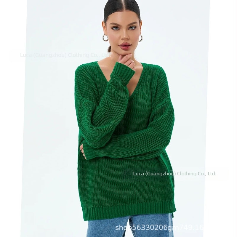 Női oversized pulóver V-nyakkal, hosszú ujjú, plusz méret