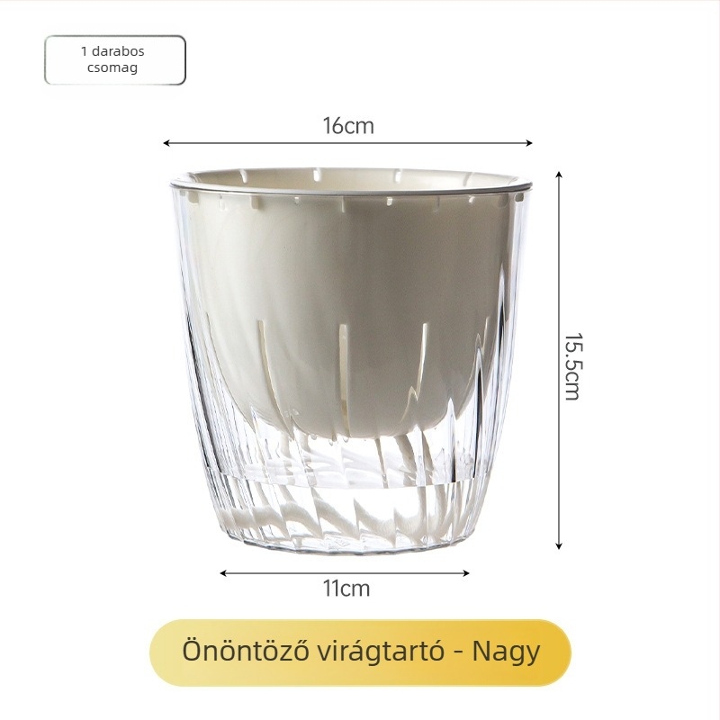 Átlátszó asztali önöntöző virágtartó, kis méret, vastag falú, beltéri használatra