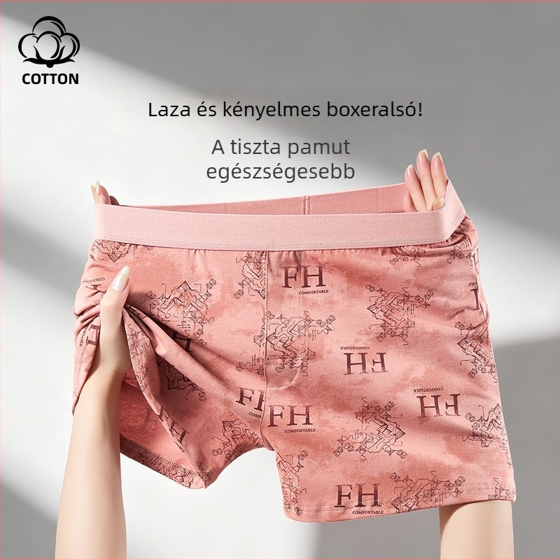 Férfi pamut boxer rövidnadrág, lazán szabott, lélegző, antibakteriális, kamuflált mintázat, otthoni viselet