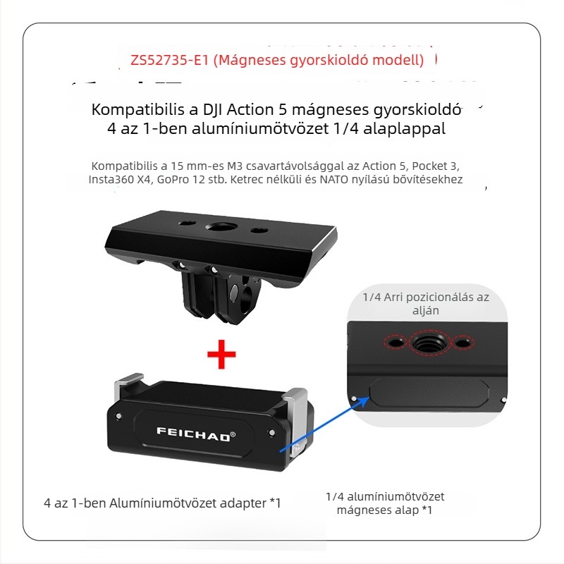Feichao 4 az 1-ben mágneses adapter DJI Osmo 360 panorámás kamerához gyorskioldó lemezzel, 1/4-inch