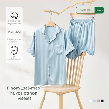 Férfi nyári pizsama modal anyagból, rövid ujjú felső és rövidnadrág, függőleges csíkok, laza otthoni viselet