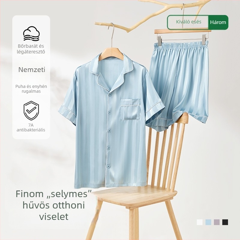 Férfi nyári pizsama modal anyagból, rövid ujjú felső és rövidnadrág, függőleges csíkok, laza otthoni viselet