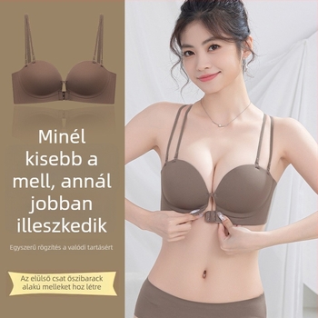 Vállpánt nélküli push-up melltartó elől záródó, kereszt hátterű dizájn, kényelmes kis méretű mellekhez, oldalsó támogatás