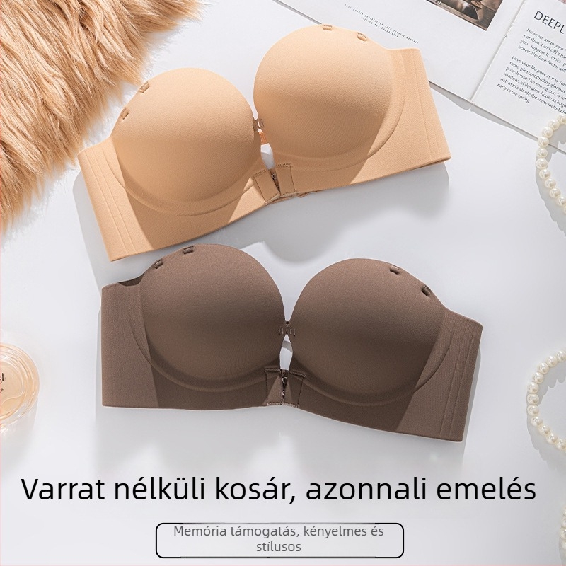 Vállpánt nélküli push-up melltartó elől záródó, kereszt hátterű dizájn, kényelmes kis méretű mellekhez, oldalsó támogatás