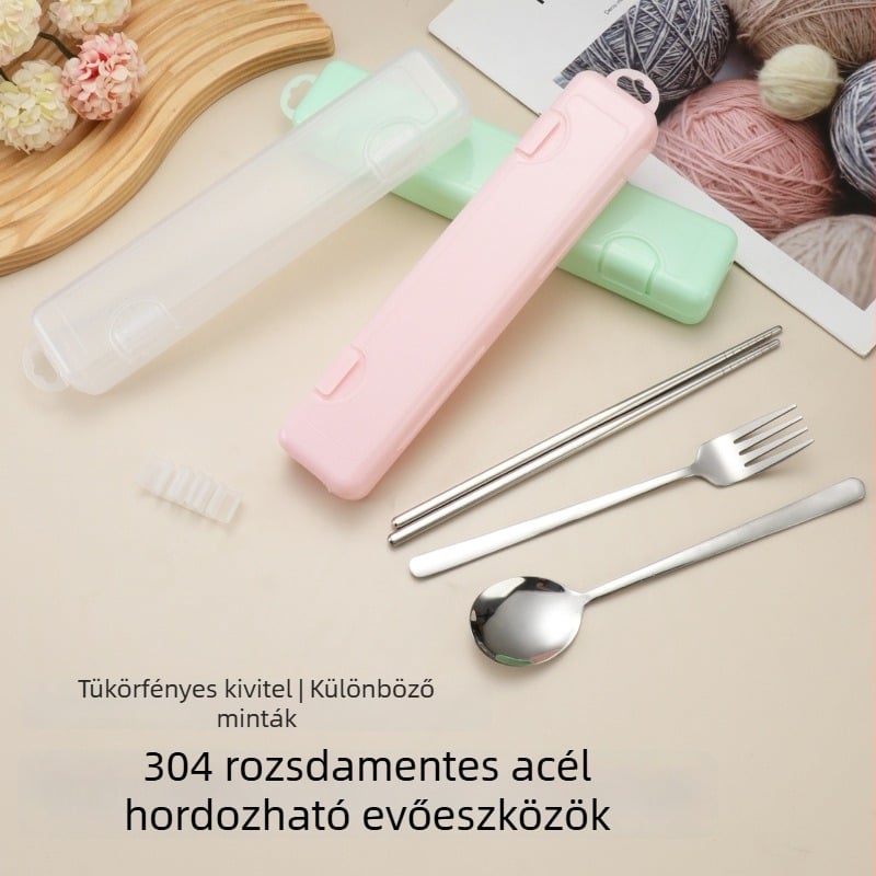 304 hordozható rozsdamentes acél evőpálcika, kanál és desszertvillával – háromrészes étkészlet diákoknak, irodai dolgozóknak és kültéri használatra