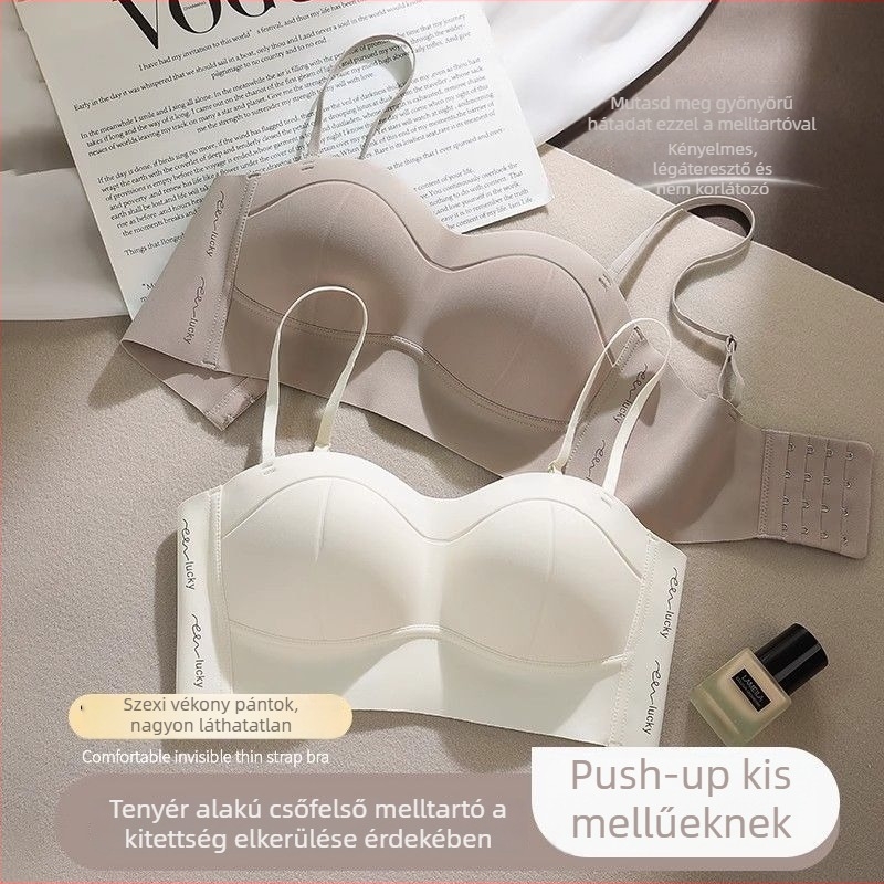 Váll nélküli push-up melltartó kis mellhez, vékony pántokkal, cami-stílus, oldalról gyűjtés, átlátszatlan, állítható, varrás nélküli