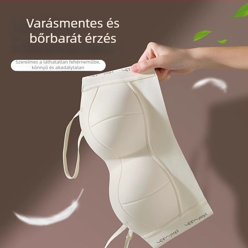 Váll nélküli push-up melltartó kis mellhez, vékony pántokkal, cami-stílus, oldalról gyűjtés, átlátszatlan, állítható, varrás nélküli