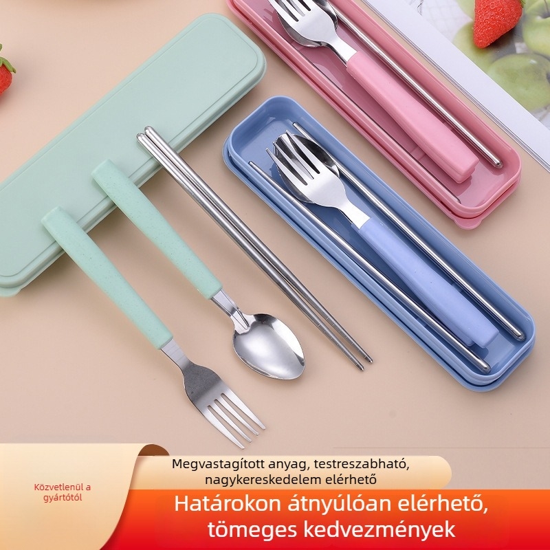Koreai stílusú rozsdamentes acél hordozható evőeszköz-készlet – kanál, villa és evőpálcikák, három darab