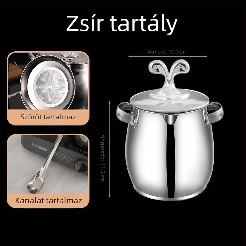 Kétfülű zsírtartó fazék fedővel és szűrővel, rozsdamentes acélból, nagy hőállóság, nagy kapacitás, háztartási használatra