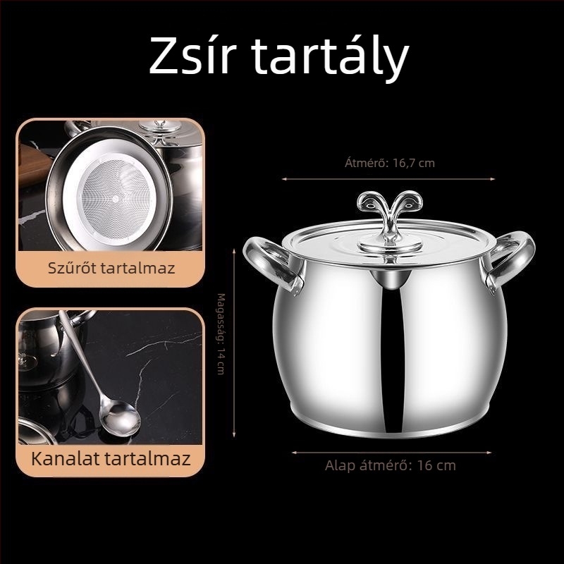 Kétfülű zsírtartó fazék fedővel és szűrővel, rozsdamentes acélból, nagy hőállóság, nagy kapacitás, háztartási használatra