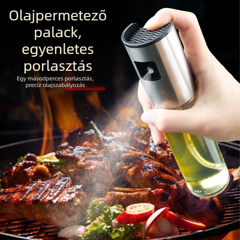Üvegből készült olajspray palack finom permettel és mérőskálával grillsütéshez