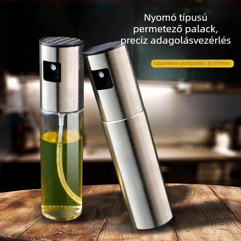 Üvegből készült olajspray palack finom permettel és mérőskálával grillsütéshez