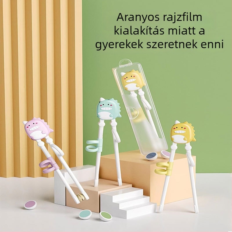 Gyerekeknek szóló karikatúra-stílusú evőpálcikák – edzési készlet csúszásmentes fogantyúval és pozicionáló útmutatóval, dobozos