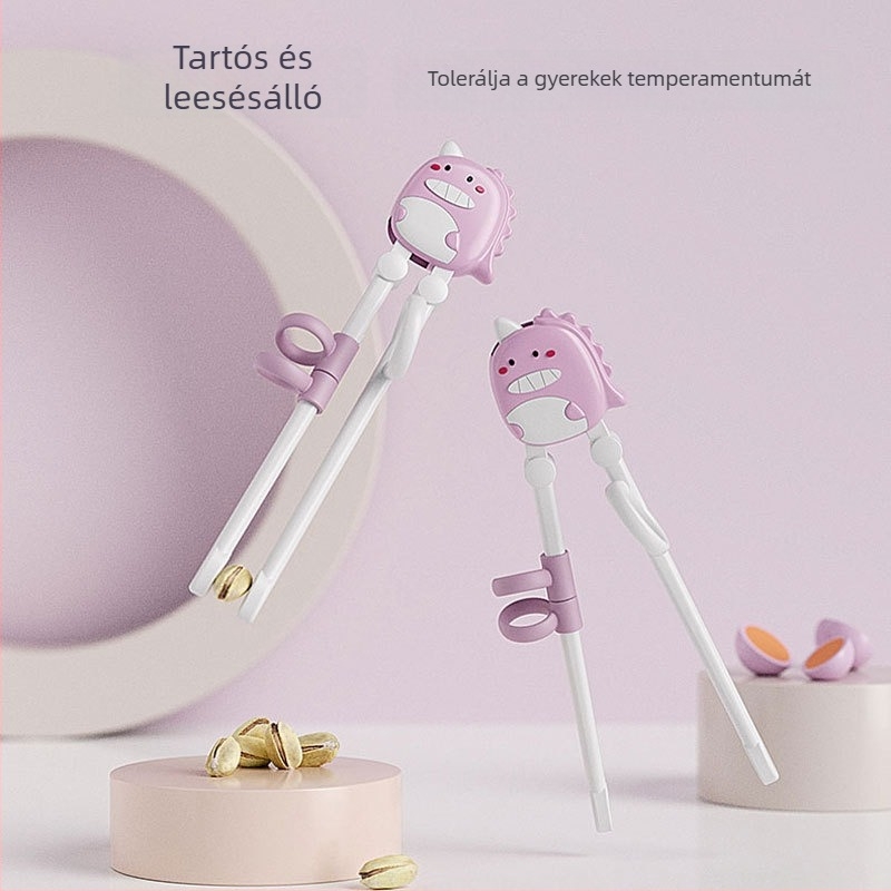 Gyerekeknek szóló karikatúra-stílusú evőpálcikák – edzési készlet csúszásmentes fogantyúval és pozicionáló útmutatóval, dobozos