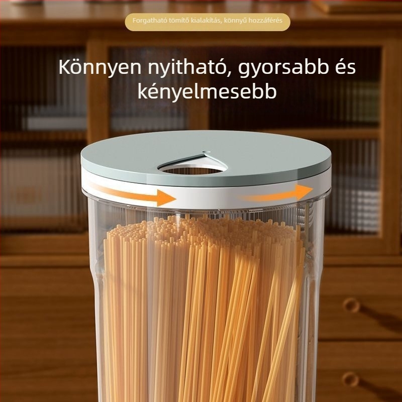 Tészta- és gabonatároló, élelmiszer-minőségű műanyag, légmentesen záró tartály