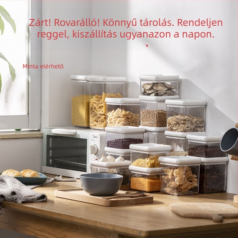 Átlátszó műanyag tárolóedény a konyhában — fűszerek, élelmiszerek, diófélék és kávébabok tárolására
