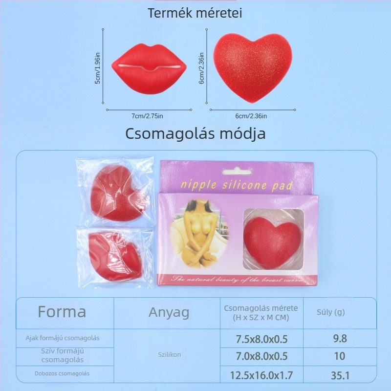 Seksi piros szilikon mellbimbó tapaszok szív- és ajak formával, erős ragasztóval, puha szilikonból, varrat nélküli