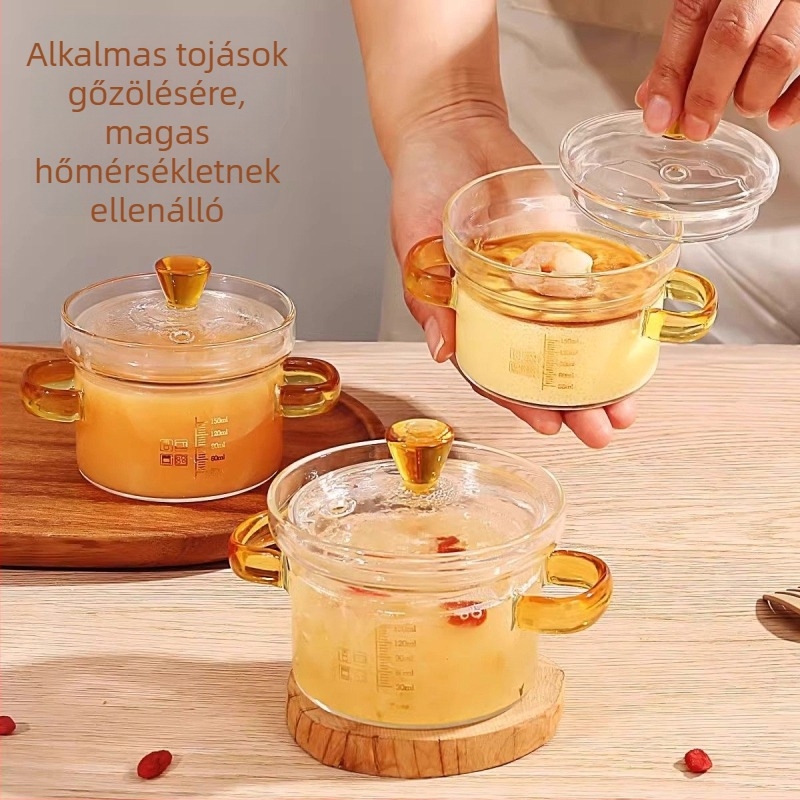 Üvegből készült gőzölő tál tojásos pudinghoz fedővel, kétfülű kivitel, baba desszertekhez, mikrohullámú sütőhöz