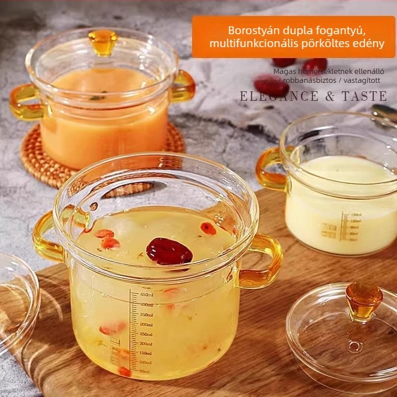 Üvegből készült gőzölő tál tojásos pudinghoz fedővel, kétfülű kivitel, baba desszertekhez, mikrohullámú sütőhöz