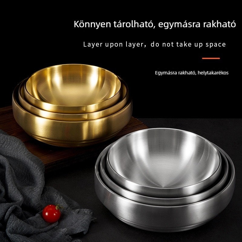 Arany színű rozsdamentes acél tál koreai hideg tészta számára, bibimbap stílusú tál, ramen és saláta tál, szigetelt nagy tál
