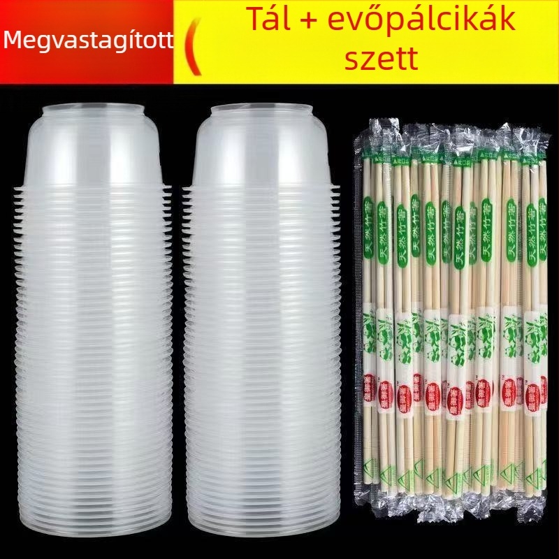 Egyszer használatos, kör alakú műanyag tálak készlet, vastagabb falú, élelmiszer-minőségű, bankettekhez és otthoni használatra.