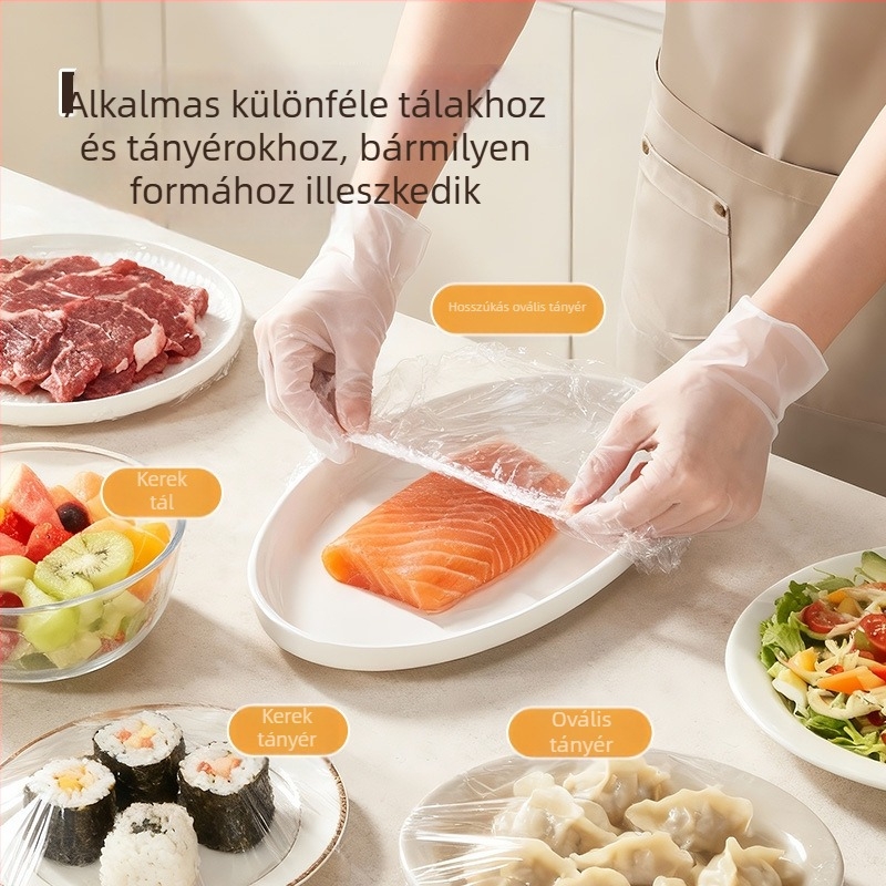 Egyszer használatos, átlátszó élelmiszer-fólia fedő, rugalmas szegéllyel, élelmiszer-minőségű, a hűtőben maradt ételek lefedésére